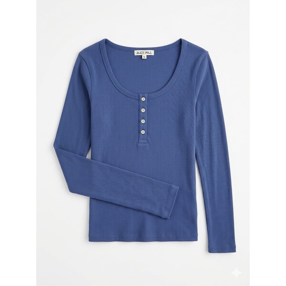 Alex Mill Blue Ribbed Women M Henley Long Sleeve Comfort Top